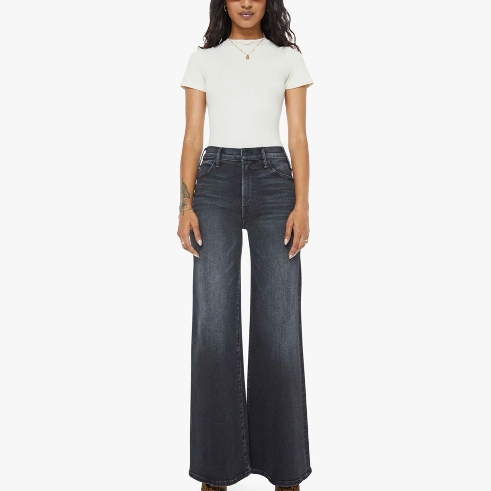 MOTHER Lil’ Petite Hustler Roller Sneak Jeans Black • High-Rise Wide Leg
